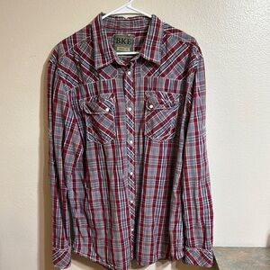 BKE Men's athletic‎ fit Red Plaid Shirt with pearl buttons cowboy rustic roping